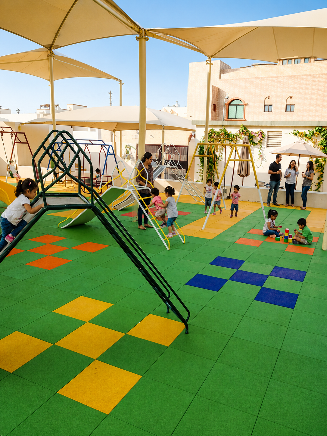 Rubber tiles and mats for playground flooring