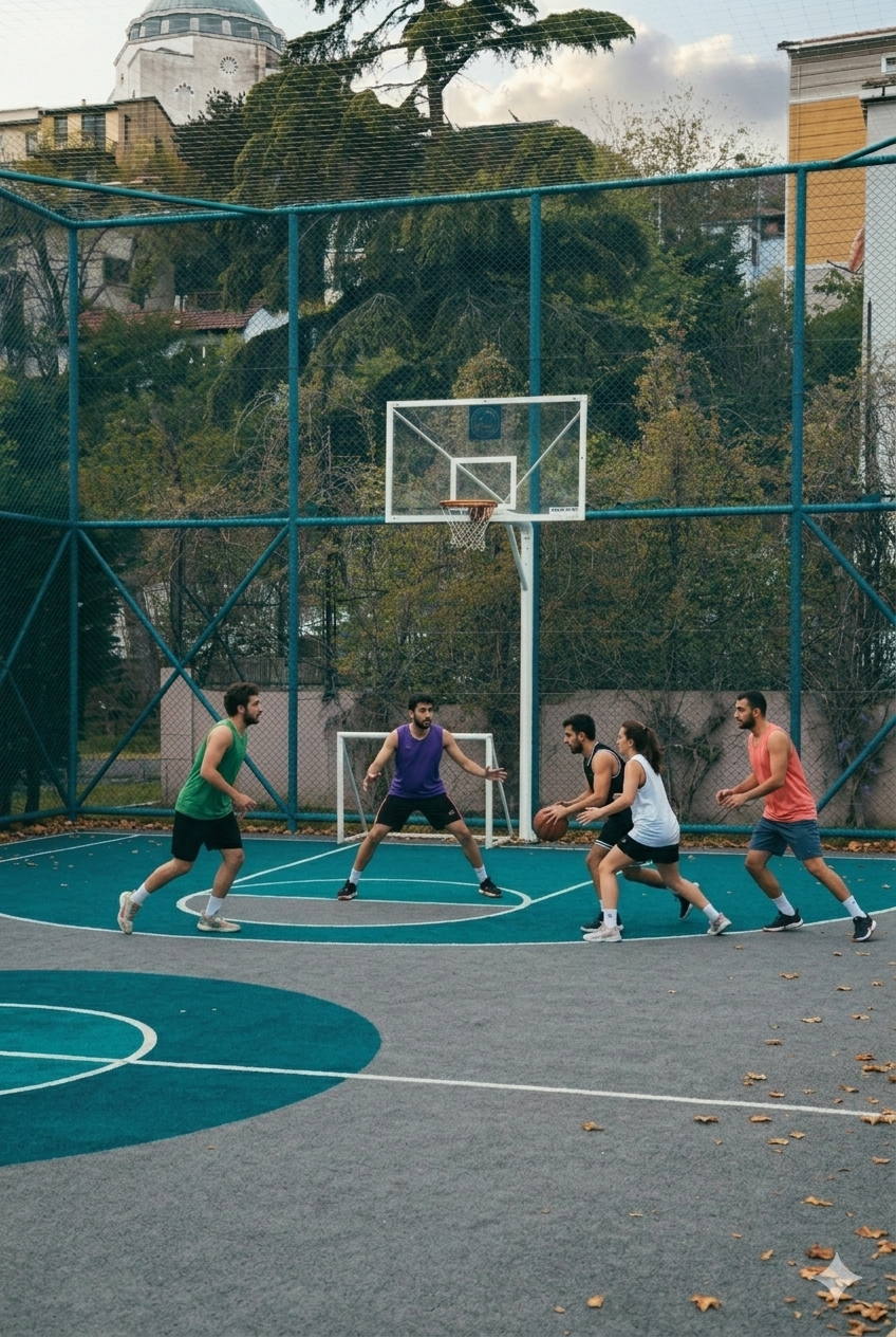 Synthetic turf multi-sports court with natural grass appearance